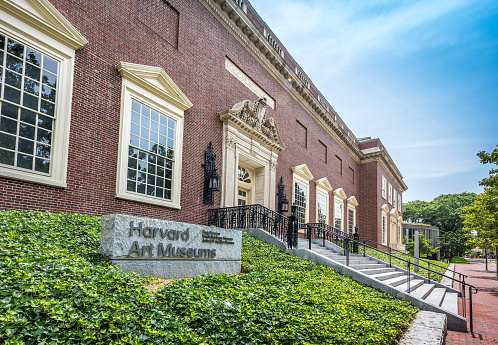 Cambridge, MA, USA - August 7, 2021: View of the Harvard Art Museum on a sunny summer morning. This museum is dedicated to promote and support learning at Harvard University, promoting critical thinking and gaze for students, faculty, and the public. The collection includes approximately 250,000 objects in all media.