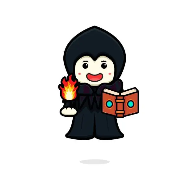 Vector illustration of Cute witch magician cast fire spell cartoon icon illustration.