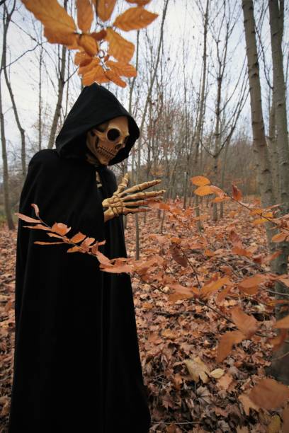 秋の森の死.頭蓋骨ハロウィーンの衣装。ハロウィーンとホラー.秋の伝統的な仮面舞踏会とカーニバル。. - carnival costume mask masquerade mask ストックフォトと画像
