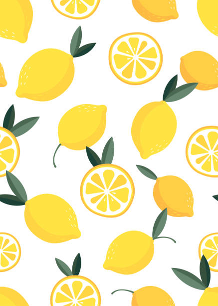 illustrations, cliparts, dessins animés et icônes de motif sans couture de modèle de fond de fruit de citron. ensemble vectoriel d’élément citron pour la publicité, conception d’emballage de produits de thé au citron et design de mode. - lemon portion citrus fruit juice