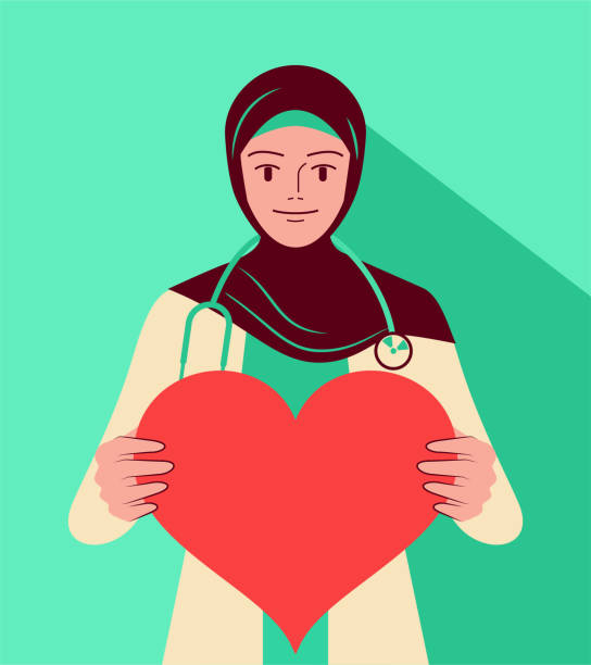 청진기를 착용하고 심장 모양 표지판을 들고 있는 아름답고 자신감 있는 젊은 무슬림 여성 의사(간호사, 의료 종사자) - 파키스탄 일러스트 stock illustrations
