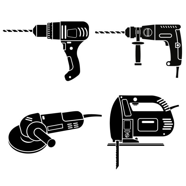 illustrazioni stock, clip art, cartoni animati e icone di tendenza di utensili da costruzione impostare martello e smerigliatrice per trapano elettrico, stencil icona nera - trapani