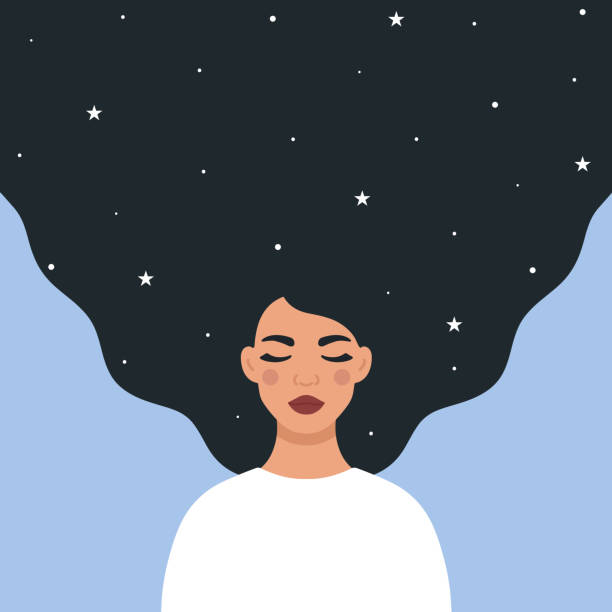ilustraciones, imágenes clip art, dibujos animados e iconos de stock de hermoso personaje de mujer con estrellas en el pelo. concepto de imaginación, sueño o armonía. ilustración vectorial de estilo plano. - mujer sueños