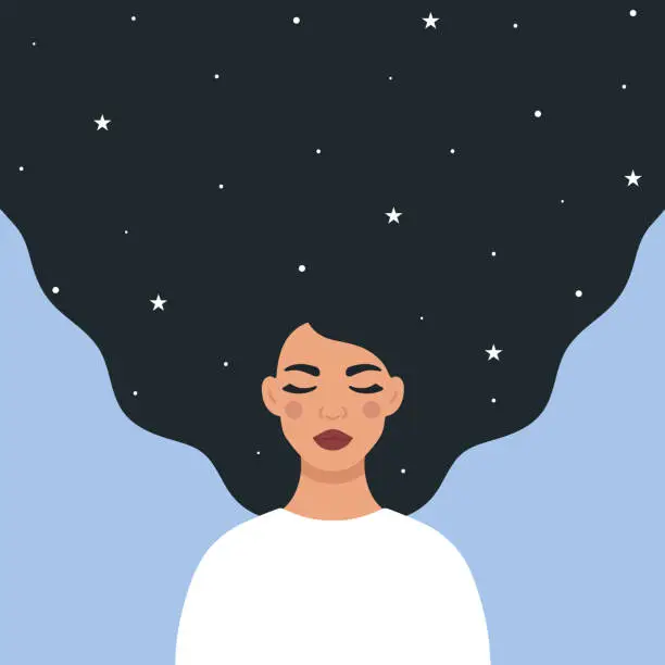 Vector illustration of Beautiful woman character with stars in her hair. Imagination, dreaming or harmony concept. Flat style vector illustration.