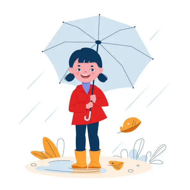 Vector illustration of Cute little girl with an umbrella in rubber boots in the rain. Vector illustration in cartoon style.