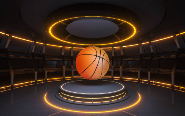 Indoor stage and basketball, 3d rendering.