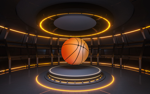 Indoor stage and basketball, 3d rendering. Computer digital drawing.