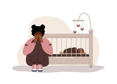 Postpartum depression. African tired woman sitting on the floor, crying and hugging her knees. Young mother needs psychological help. Mood disorder. Vector illustration in flat cartoon style