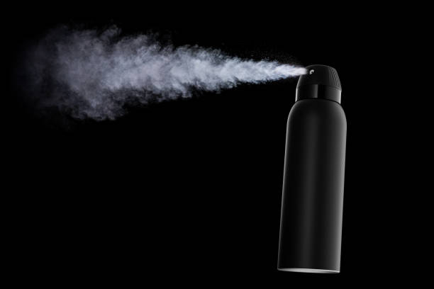 istock Close-Up of a 3D Spray Bottle Spraying on black background 1333688486