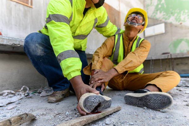istock Builder worker has an accident at work. His feet stepped on nails embedded in wood old with foreman rushed in to take care. First aid and Safety in work concept. 1333691162
