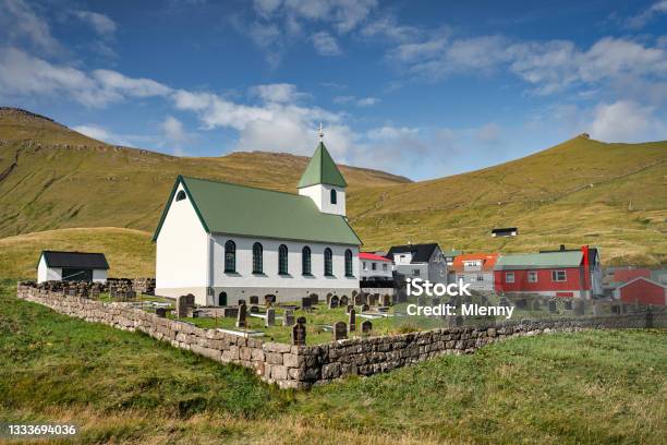 Gjógv Kirkja Gjaar Church Of Gjogv Cemetery Faroe Islands Eysturoy Island Stock Photo - Download Image Now