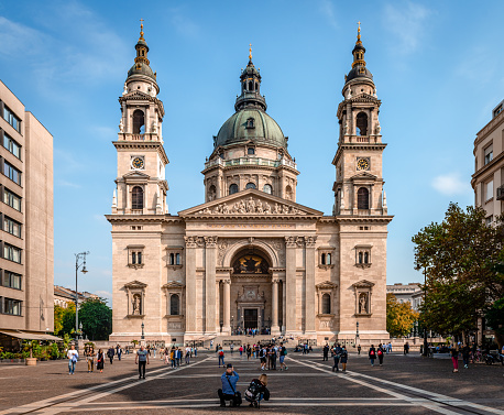 Budapest, Hungary - October 10 2018: The west façade of St. Stephen's Basilica, named after Saint Stephen I, the first King of Hungary.