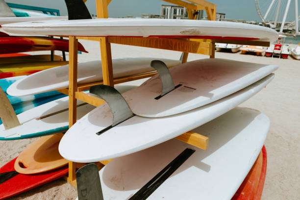 istock Surfboards stacked on the rack on a beach 1333695610