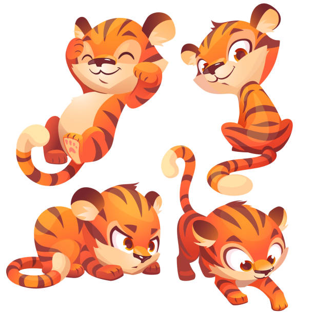 illustrations, cliparts, dessins animés et icônes de mignon bébé tigre personnage dormir et se faufile - seated tiger