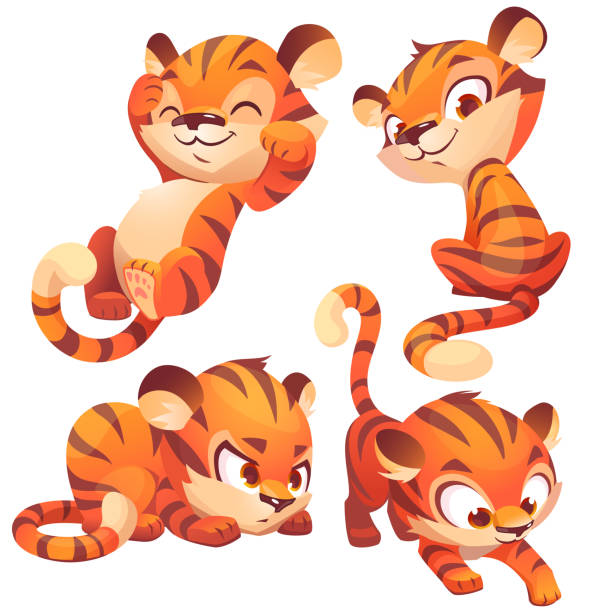 ilustrações, clipart, desenhos animados e ícones de bebê bebê tigre personagem dormir e sneaks - seated tiger