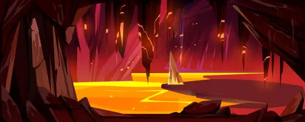Vector illustration of Cave with lava, underground hell landscape, game