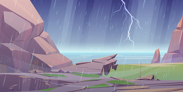 Storm on ocean rocky shore, rain shower falling, lightning sparkling in dull sky, deserted sea coastline with rocks around. Hurricane rage, nature disaster, stormy weather Cartoon vector illustration
