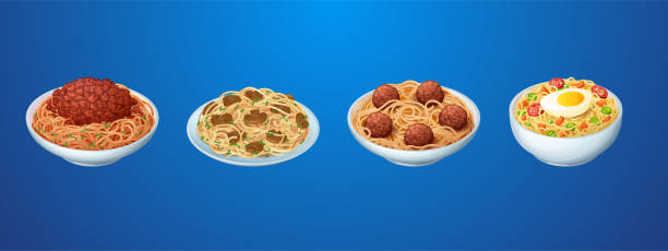 ilustrações de stock, clip art, desenhos animados e ícones de set of pasta meals, restaurant or homemade noodles - spaghetti