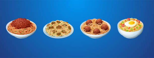 Set of pasta meals, restaurant or homemade noodles Set of pasta meals, restaurant or homemade noodles with sauce bolognese, macaroni with champignon mushrooms, spaghetti with meatballs, fried egg and vegetables dishes, isolated cartoon vector 3d icons italian cafe clip art stock illustrations