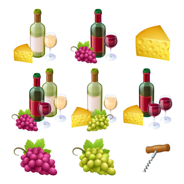 와인 병, 안경, 치즈 및 포도 세트 - grape bunch cabernet sauvignon grape isolated stock illustrations