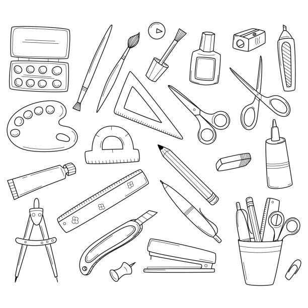 A set of school stationery and office supplies. Doodle icon set. Hand-drawn decorative elements. Black and white outline vector illustration. Isolated on a white background. A set of school stationery and office supplies. Doodle icon set. Hand-drawn decorative elements. Black and white outline vector illustration. Isolated on a white background school supplies stock illustrations