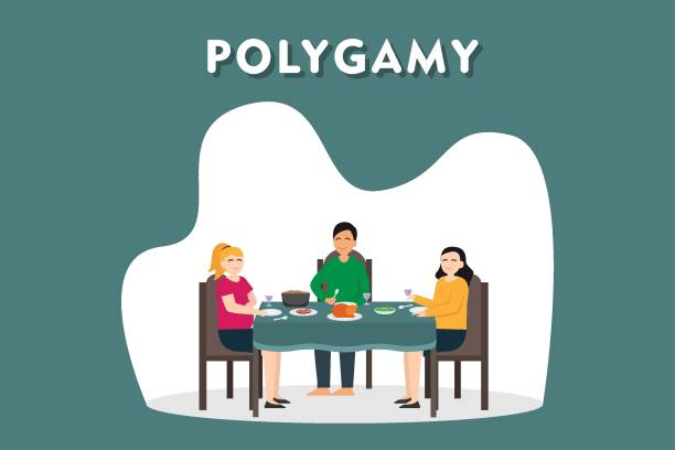 Young husband eating together with his two wives Polygamy vector concept: Young husband eating together with his two wives in dining table while enjoying quality time polygamy stock illustrations