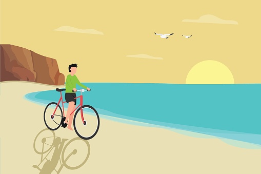 Holiday time vector concept: Young man cycling in the beach while enjoying holiday time