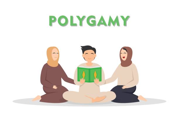 Young man reading the book with his two wives Polygamy vector concept: Young man reading the book while sitting with his two wives together polygamy stock illustrations