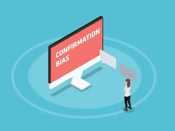 Vector illustration of Woman look at confirmation bias text on monitor