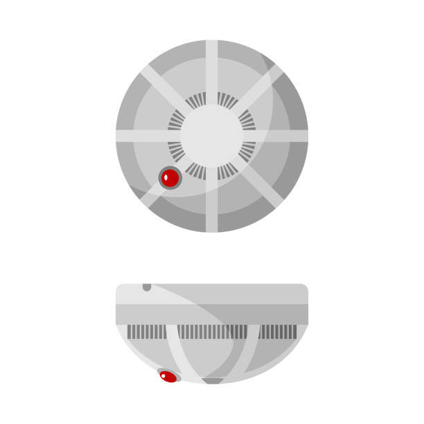 ilustrações, clipart, desenhos animados e ícones de ícone sensor detector de fumaça de prevenção contra incêndios em fundo branco. sensor de gás cinza com botão vermelho em estilo plano. - smoke detector fire alarm sensor smoke