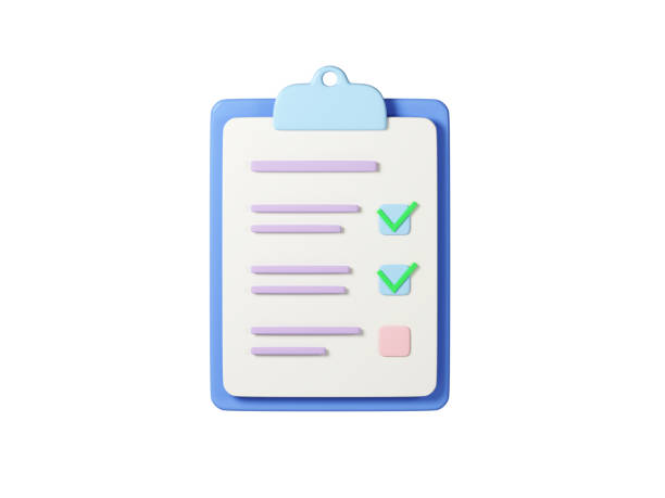 Checklist on clipboard paper isolated on white background, 3d render illustration. Notebook with checked tasks. Concept of online survey, exam note, business contract, research form stock photo
