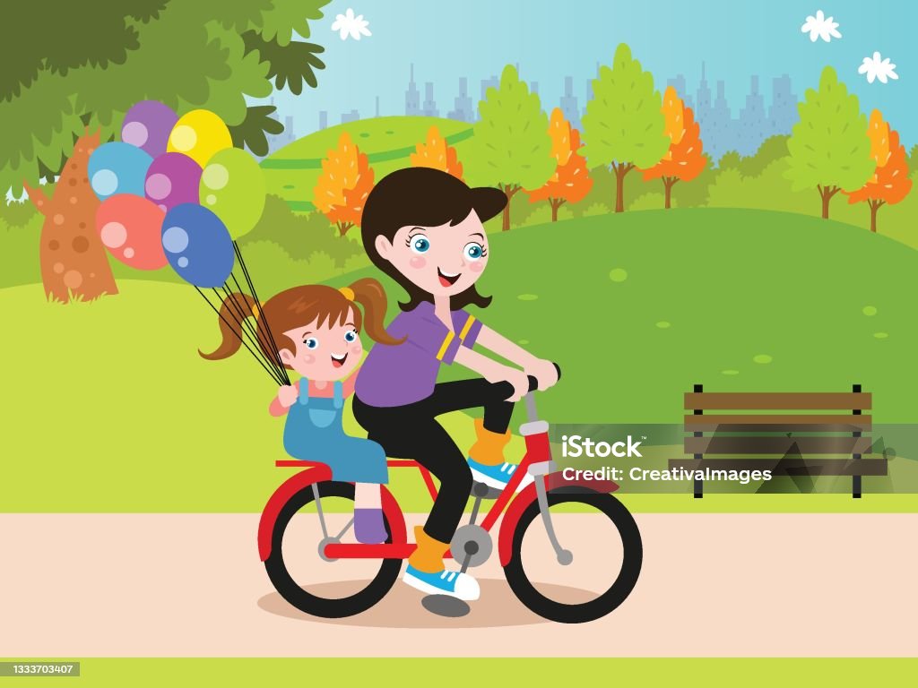 Hạnh Phúc Mẹ Và Con Gái Đi Xe Đạp Dễ Thương 2d Phim Hoạt Hình Hình ...