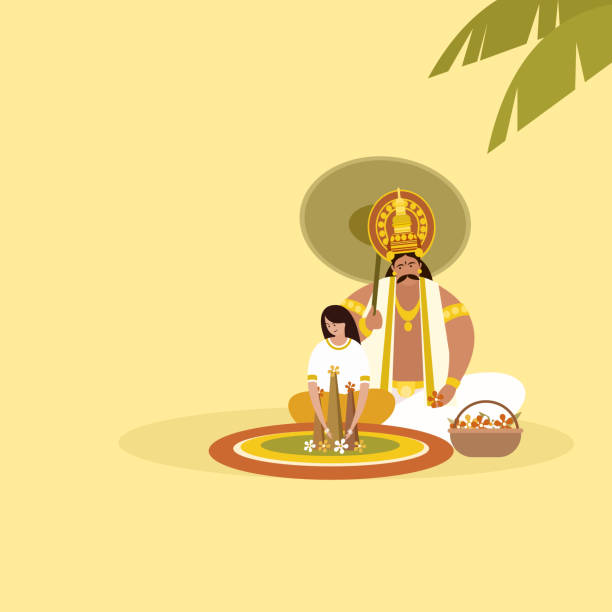 Conceptual illustration of King 'Mahabali'  and a little girl making floral designs on floor. Conceptual illustration of King 'Mahabali'  and a little girl making floral designs on floor. Concept of Onam festival in Kerala pookalam stock illustrations