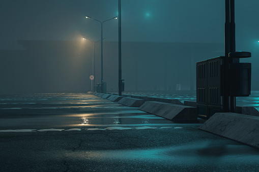 3d rendering of empty parking with puddles and street lamps covered in fog at night