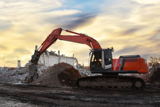 istock Excavator with attachment for demolishing and recycling concrete material. Crushers tool and Demolition Pulverizer. Concrete Saw, Cutting Attachment. Demolition Shears, Steel Shear. Soft focus 1333711543