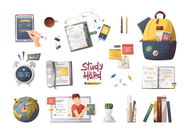 ilustrações de stock, clip art, desenhos animados e ícones de set of elements for studying, education, learning, back to school, student, stationery. - personal organizer telephone group of objects diary