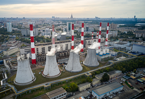Aerial of thermal power station in the city
