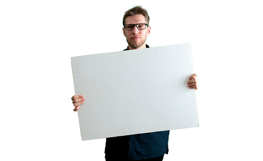 person activist holding a cardboard copy space, template mockup for text, isolated white background