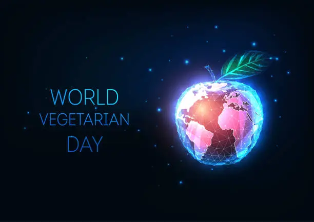 Vector illustration of Concept of World Vegetarian Day with abstract glowing apple and world globe