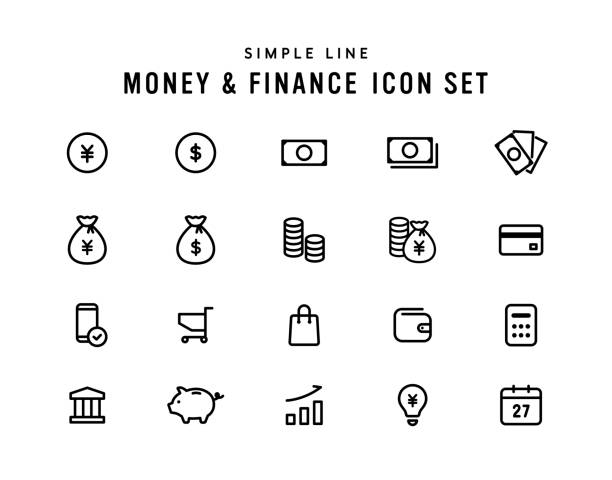 набор простых иконок линий для денег. - символ иены stock illustrations