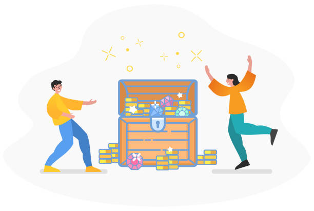 Find buried, hidden treasure chest, become rich, wealth Two people stand near treasure chest. Modern vector illustration currency chasing discovery making money stock illustrations