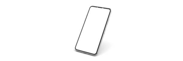 3D rendering of mockups Smartphone white screen on white floor, Mobile phone mockup tilted to the ground. Smartphone white screen can be used for commercial advertising, Isolated on white background.