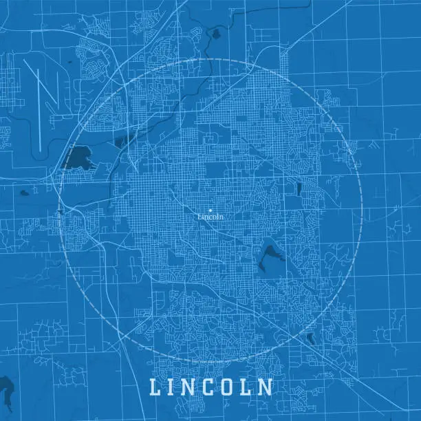 Vector illustration of Lincoln NE City Vector Road Map Blue Text