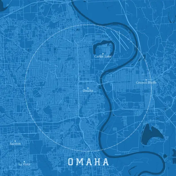 Vector illustration of Omaha NE City Vector Road Map Blue Text