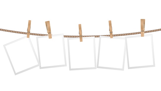 Realistic photo frames. Frame hanging on wooden clothespins on rope. Modern stylish for interior design, isolated scandinavian home accessory vector template. Illustration blank empty photo picture