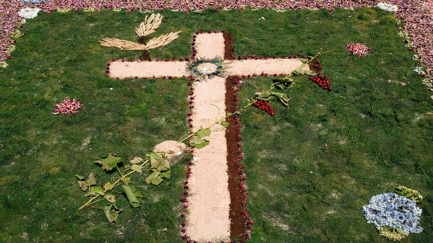 Decoration flooring, vegetation and flower carpet during the Corpus Christi celebration.  Pontevedra province, Galicia, Spain.