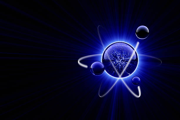 Blue Light of Atom Scientific background. The image can be croped easily. 3D render. nucleus stock pictures, royalty-free photos & images