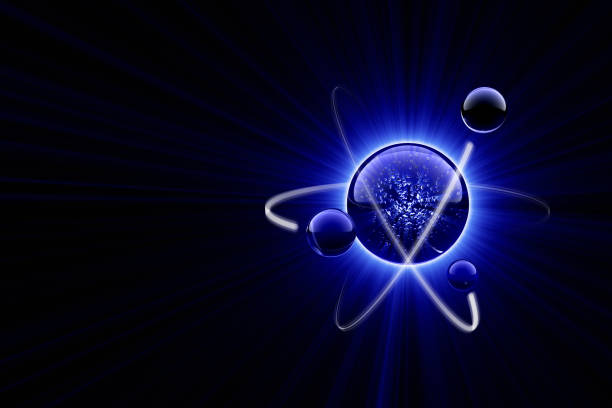 Blue Light of Atom Scientific background. The image can be croped easily. 3D render. nuclear symbol stock pictures, royalty-free photos & images