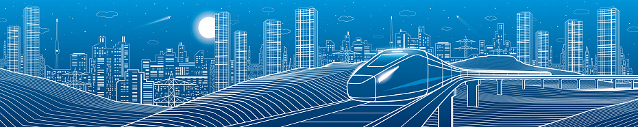 Modern night town, neon town panoramic. Train rides. City Infrastructure and transport illustration. Urban scene. Vector design art. White lines on blue background.