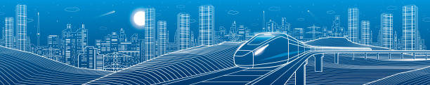 Modern night town, neon town panoramic. Train rides. City Infrastructure and transport illustration. Urban scene. Vector design art. White lines on blue background Modern night town, neon town panoramic. Train rides. City Infrastructure and transport illustration. Urban scene. Vector design art. White lines on blue background. blueprint silhouettes stock illustrations